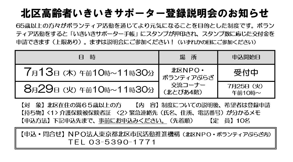 北区高齢者いきいきサポーター制度 登録説明会のお知らせ