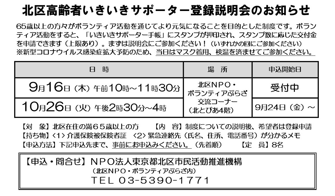 北区高齢者いきいきサポーター登録説明会