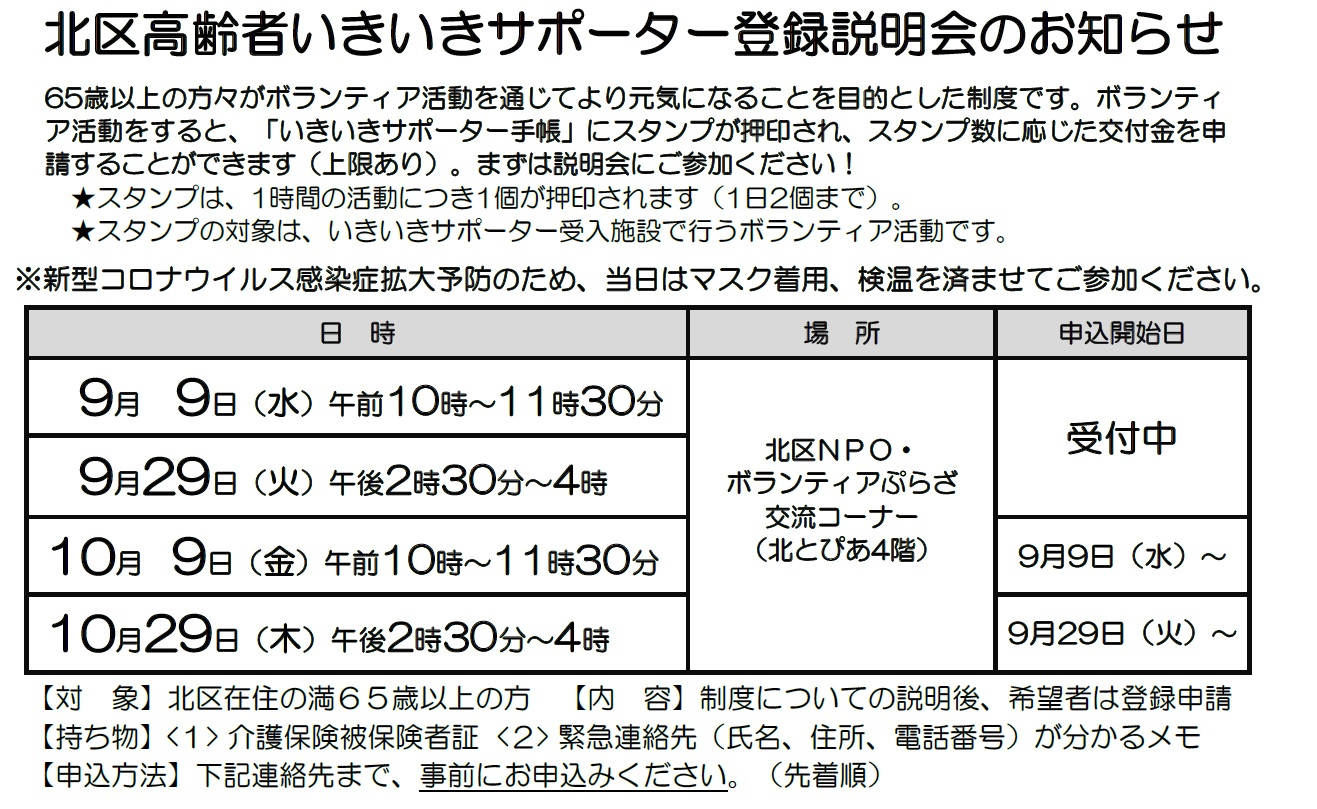 北区高齢者いきいきサポーター登録説明会